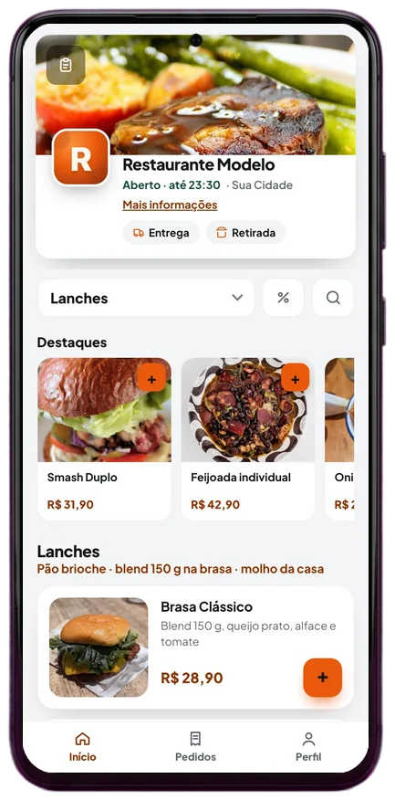 Celular com o cardápio digital de uma loja de demonstração