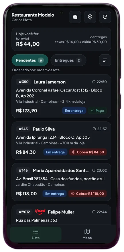 App Plena Motoboy com a lista de entregas pendentes, a distância de cada cliente e o que cobrar