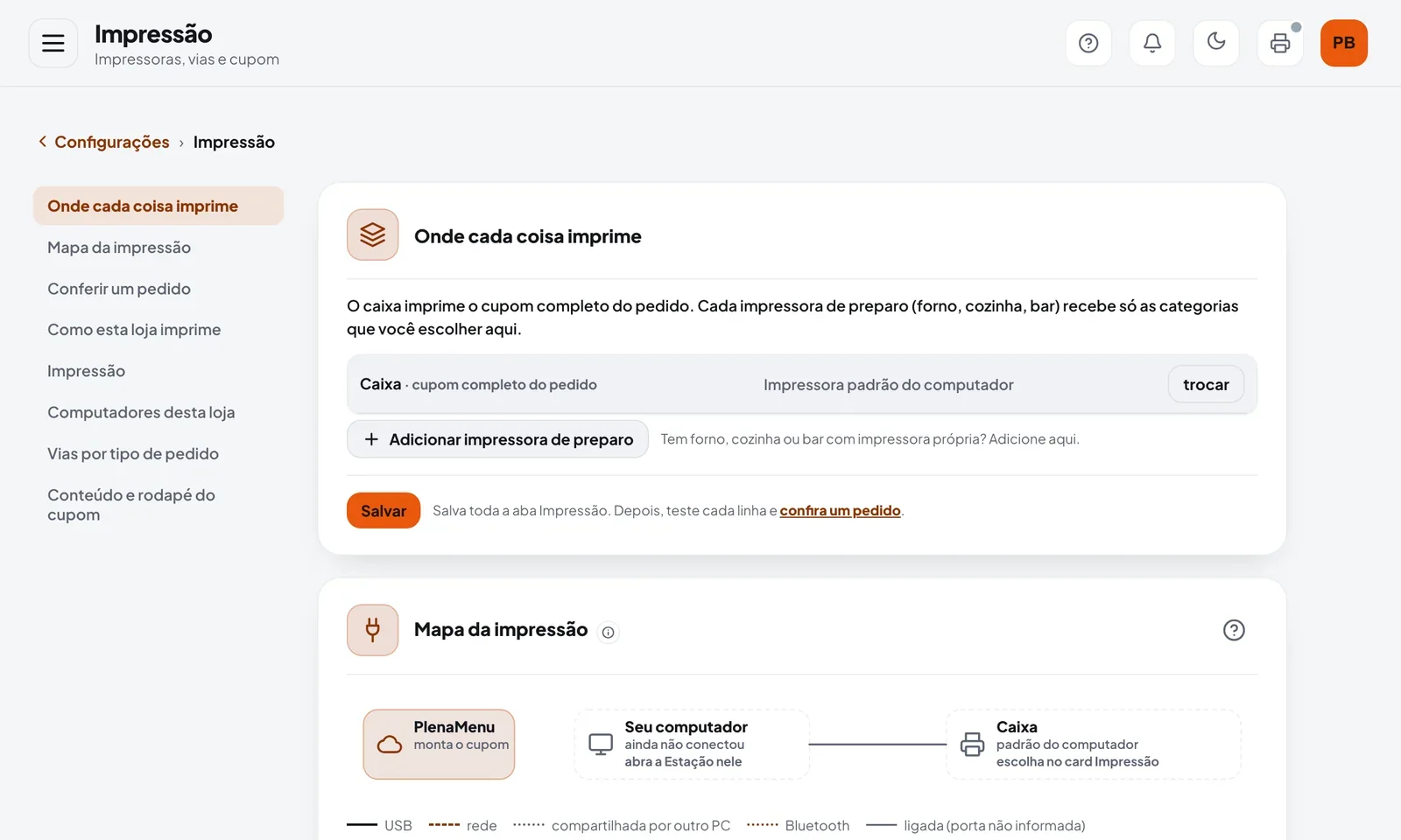 Configuração da impressão: onde cada coisa imprime e o mapa das impressoras
