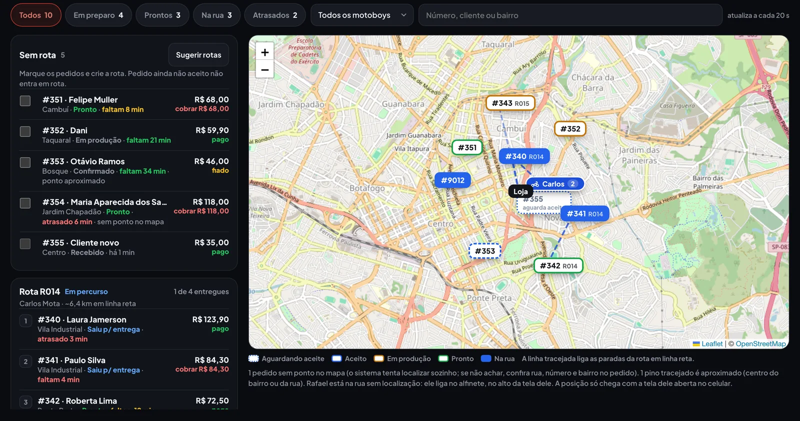 Mapa de entregas: cada pedido como um pino com o número, a lista por rota ao lado e o motoboy ao vivo no mapa
